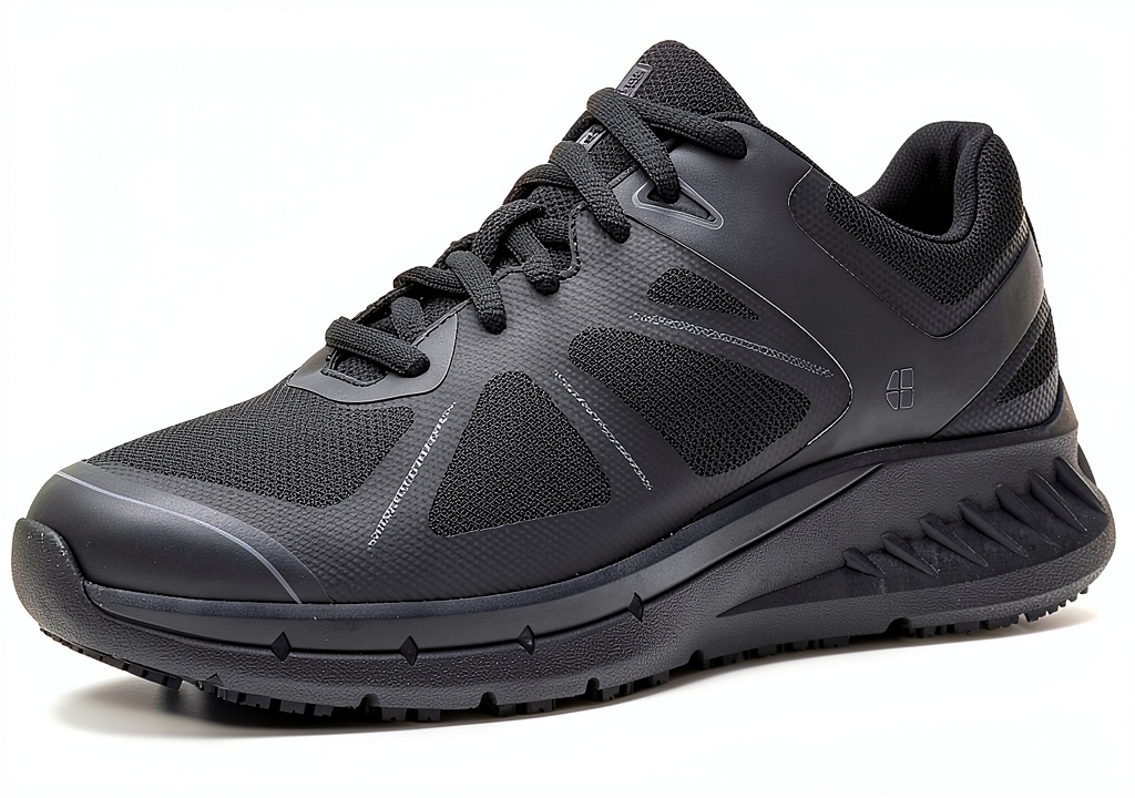 Installing Shoes For Crews Womens Slip Resistant Work Shoes Black on a wooden desk