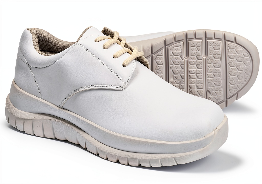 Water resistant nursing shoes after 3 months of hospital use showing wear patterns